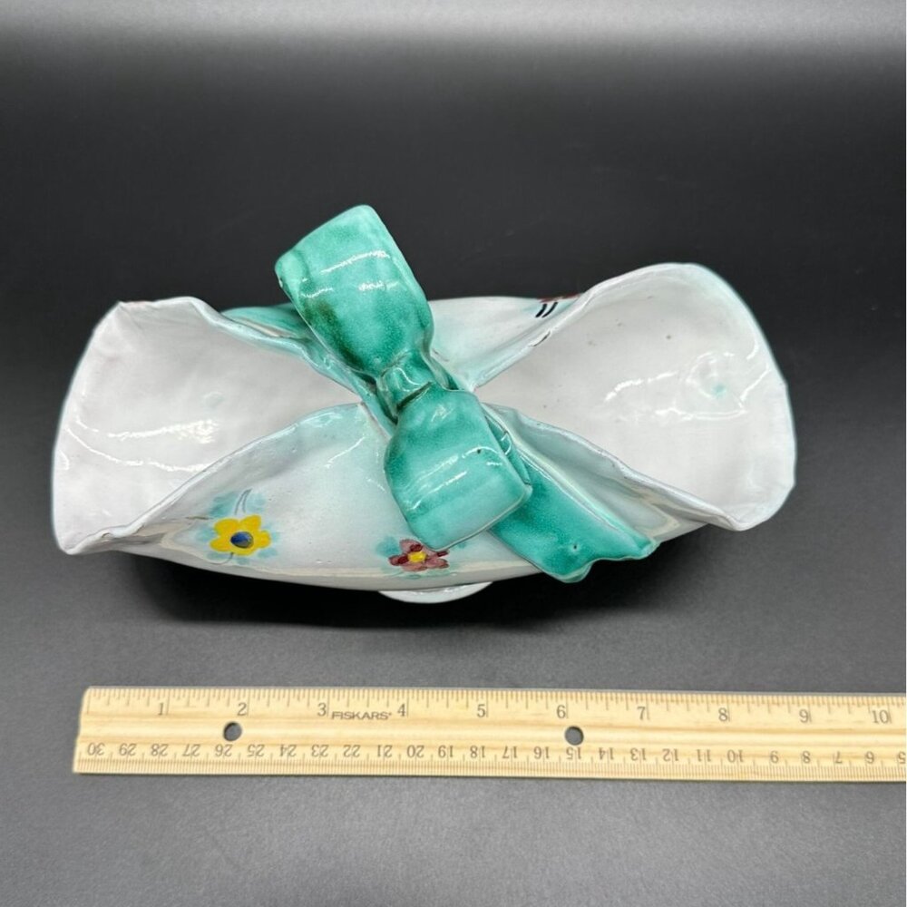 Vintage Italian Pottery Basket Dish Hand Painted Bow Flowers Cottagecore Floral - Picture 9 of 10